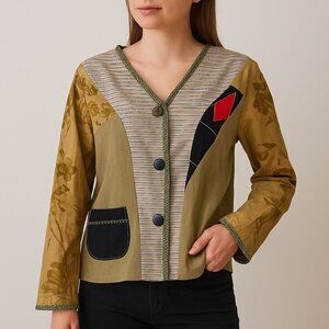 Vintage Art to Wear Jacket XL Patchwork Mixed Print Button Top Boho Eclectic